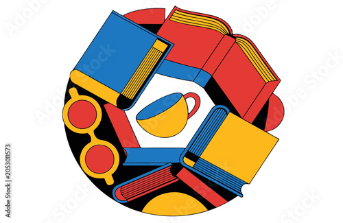 Circular composition of books, coffee cup, and glasses, no background