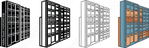 Foto Row of four identical metal filing cabinets with multiple drawers arranged in a