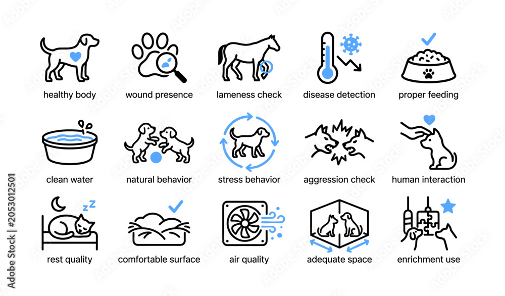 Fototapeta premium Dogs welfare icons showing health checks and care elements