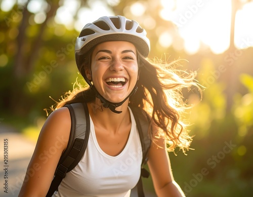 Joyful person with a protective helmet and backpack, smiling broadly in warm sunlight. Surrounded by blurred foliage
