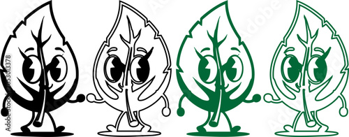 Canvas-taulu Four  hand drawn cartoon leaf characters in black, white, and green line styles