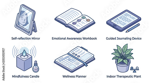 Bild auf Leinwand Mental Wellness Tools and Self Care Items Collection.
