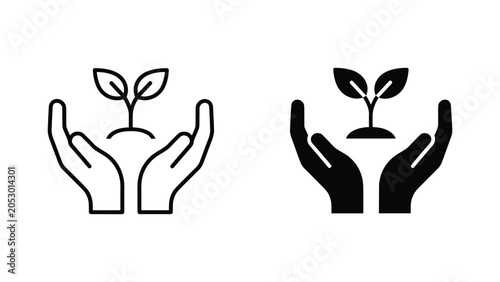 Pair of hands cradling young green sprout icon vector set