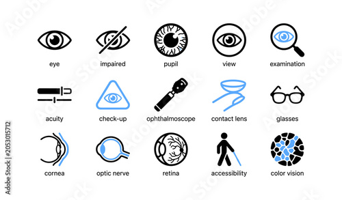 Collection of eye and vision icons arranged on white background