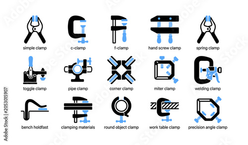 Clamping tool icons showing different clamp types on white background