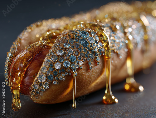 Gourmet hot dog dripping with gold and blue diamonds
