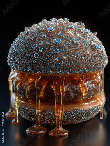 Diamond burger dripping golden honey on dark background