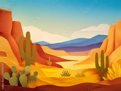 Desert canyon landscape with paper cut saguaro cactus