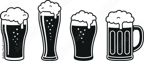 Quadro su tela Four black and white beer glasses isolated on transparent background