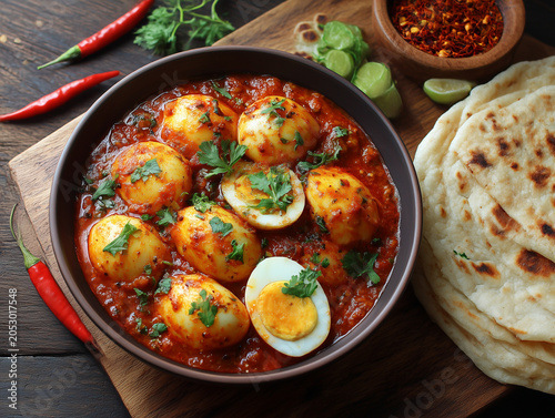 Spicy egg curry with naan bread and chili peppers