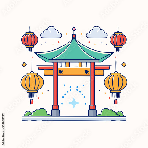 Traditional Chinese Torii Gate with Lanterns and Clouds