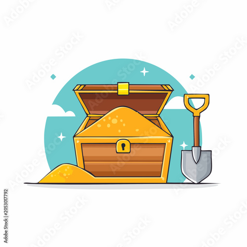 Treasure Chest Filled with Gold and Shovel