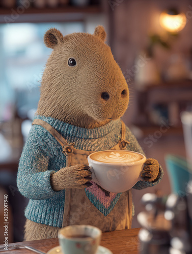 Capybara character holding latte with beautiful latte art