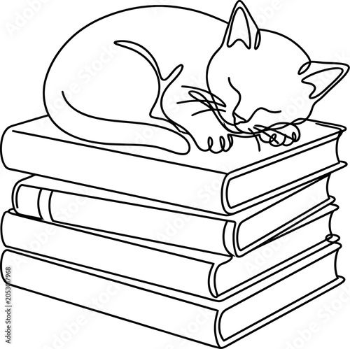A continuous line drawing of a cute cat sleeping peacefully on a stack of books.