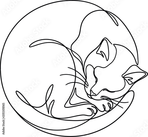 Minimalist continuous line drawing of a curled up sleeping cat.