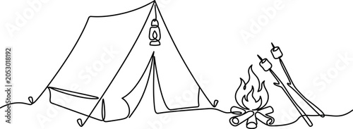 Continuous line drawing of a camping tent and a campfire with marshmallows.
