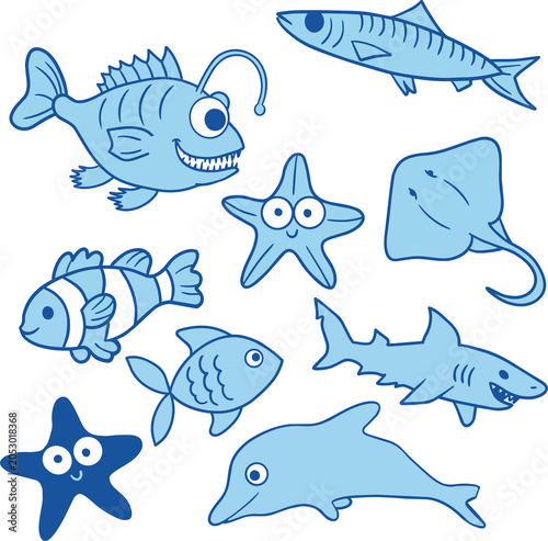 Cute Cartoon Sea Animals Seamless Pattern with Fish Shark Dolphin Octopus Starfish Crab and Whale Vector Illustratation