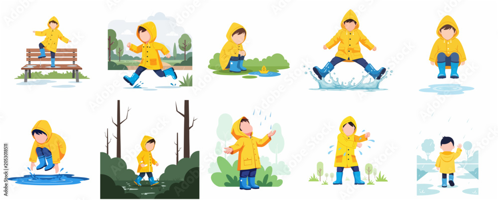 Fototapeta premium Set of cute child character illustrations in yellow raincoat and blue boots playing in the rain and jumping in puddles