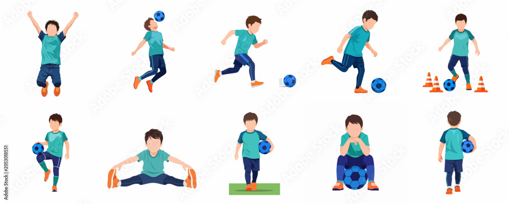 Fototapeta premium Little Boy Soccer Player Illustration Set, Kid Footballer in Various Action Poses Including Dribbling, Kicking, Stretching, and Goal Celebration