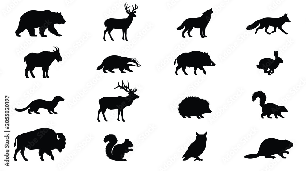 Obraz premium Black vector illustration set featuring various wild forest animals in clean silhouette graphic design style