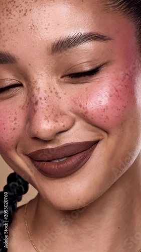 Playful young woman with freckles and pink blush. Beauty, makeup, youth.