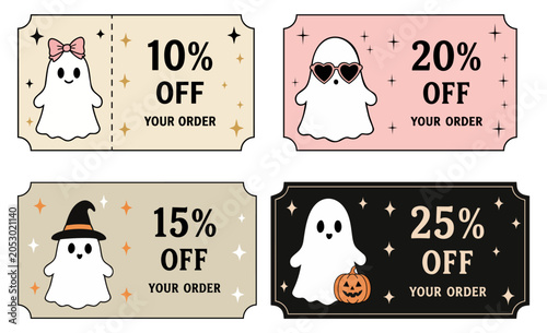 Set of Cute Halloween Discount Coupons with Ghost Characters and Sale Tickets