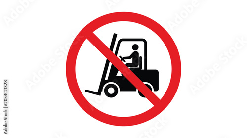Minimalist vector illustration of a no forklift allowed sign featuring bold red and black colors