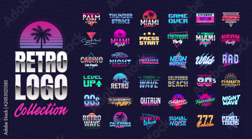 Large set of 36 Retro neon logo. Print for t-shirt, banner, poster, cover, badge and label. Retro 80's typography design. Vector illustration