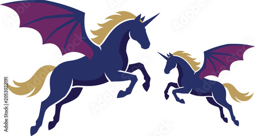 Tablou pe pânză Fantasy Unicorn and Dragon Wing Illustration Collection with Magical Mythical Cr