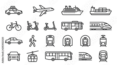Minimalist vector illustration set featuring various modern transportation icons for travel and public transit design projects