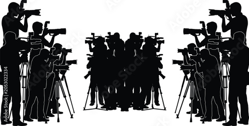 Foto Media Reporter and Cameraman Silhouette Collection with News Broadcasting Journa