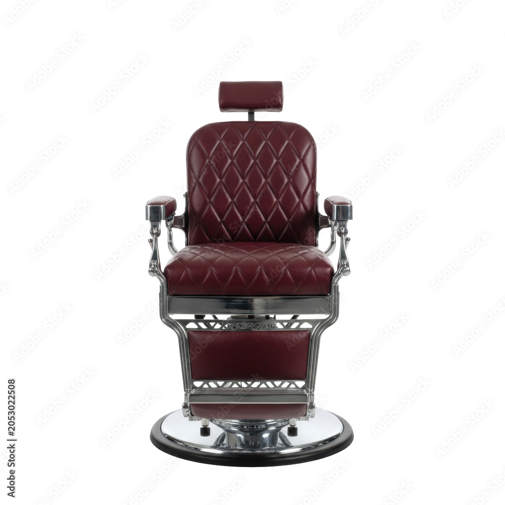 Fototapeta premium Vintage professional barber chair with deep burgundy leather diamond-quilted upholstery and polished chrome frame against a transparent background luxurious ambiance