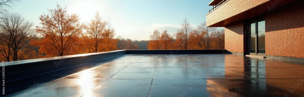 Naklejka premium Modern rooftop terrace with slick dark tiles and brick building. Autumn trees with orange leaves behind railing. Sunny day, clear sky, peaceful landscape view.