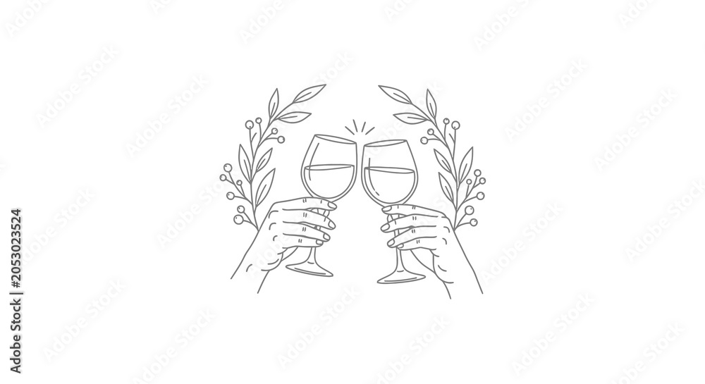 Fototapeta premium Elegant Line Art Illustration of Hands Toasting with Wine Glasses and Laurel Wreath.