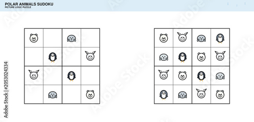 Polar Animals Picture Sudoku Puzzle with Answer Pair