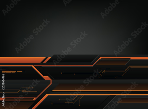Abstract futuristic background dark grey and black geometric metallic panels with glowing orange neon accents and digital circuit lines