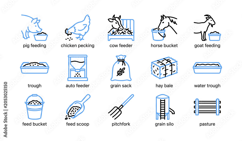 Fototapeta premium Animal feeding icons showing feed types and equipment