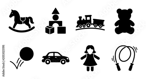 Foto Children's Toy Icons Set: Rocking Horse, Blocks, Train, Teddy Bear, Ball, Car, D
