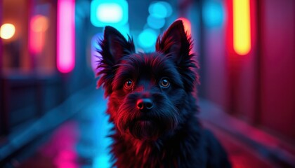 Black Affenpinscher dog face close up. Furry pet in neon lights. Animal looks at camera, urban night scene. Bright background glow, pink blue colors.