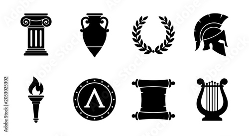 Quadro su tela Ancient Greek Icons Set: Column, Amphora, Laurel Wreath, Helmet, Torch, Shield,