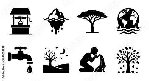 Schilderij op canvas Environmental Crisis Icons: Water Scarcity, Drought, Global Warming, Resource De