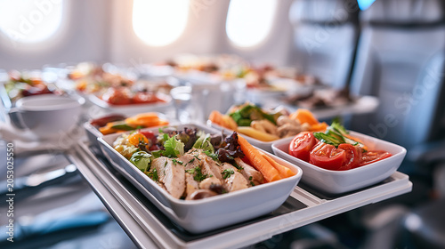 Airplane meals served on trays in cabin. Food includes chicken, salad, vegetables, and tomatoes. Passengers eat lunch or dinner during flight on airline.