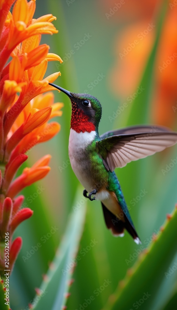 Fototapeta premium Tiny hummingbird with green body and red throat hovers near orange flower. Bird sips sweet nectar from blossoms with long beak. Nature photography of tiny wildlife. Backyard garden scene.