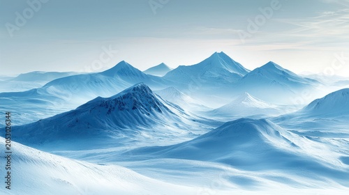 Serene panorama of snow-covered mountain peaks, illuminated with cool blue hues under a hazy sky