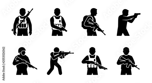 Schilderij op canvas Military Soldier Icons, Combat Figures, Armed Personnel Set, Tactical Action Sil