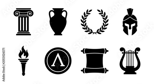 Foto Ancient Greek Icons Set: Column, Amphora, Laurel Wreath, Helmet, Torch, Lambda S