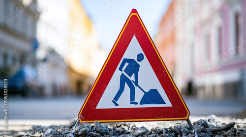 Roadwork warning sign placed on urban street, indicating construction work in progress and safety ahead