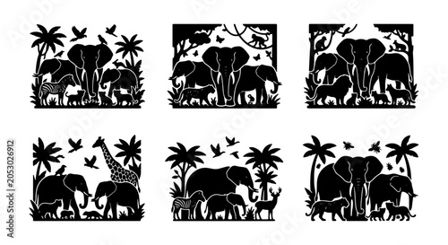 Photography African Wildlife Silhouettes: Elephant Family, Giraffe, Zebra, Lion, Panther, Bi
