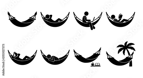 Quadro su tela Relaxation Icons Set, Hammock Poses Vector Collection, Leisure Activities, Vacat