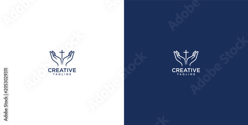 Christian cross logo with open cupped hands symbol for faith church charity community and religious spiritual hope identity branding design
